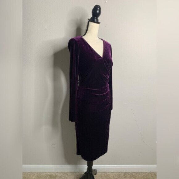 Lauren Ralph Lauren Purple Velvet V-Neck Long Sleeve Midi Sheath Dress - Picture 4 of 12